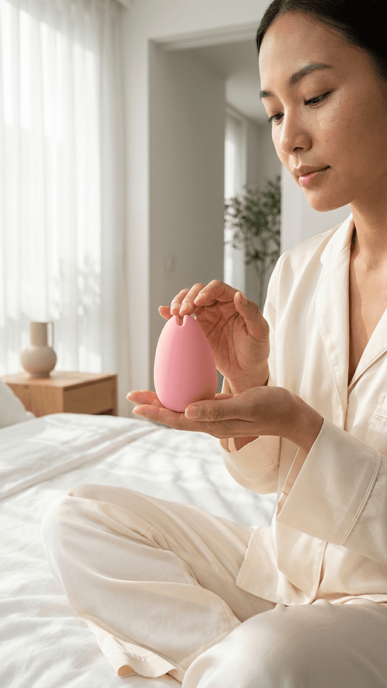 Woman holding TENGA iroha personal wellness device